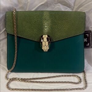 Rare Bulgari Green Serpenti Stingray and Leather Crossbody Bag with Snake Clasp